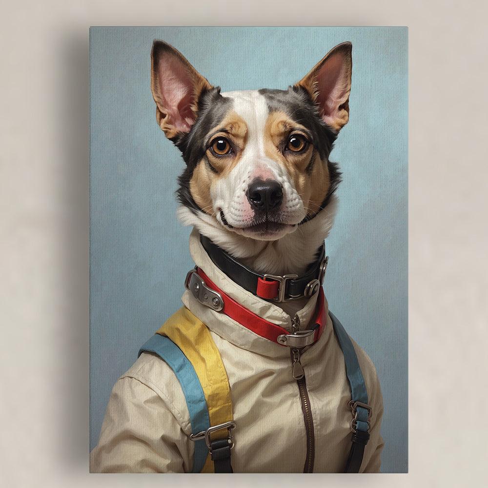 A canvas portrait of a dog in a parachuter suit with yellow and blue harness straps, red collar accents, and metallic clasps, set against a soft sky-blue background. The dog's confident expression adds charm to the artwork.