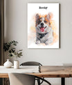 A watercolor dog canvas featuring a happy dog named 