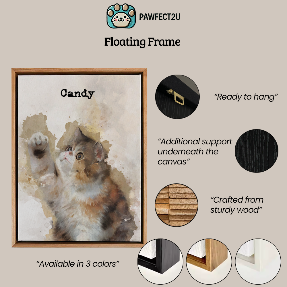 a floating wooden frame for a pet portrait of a kitten named "Candy." The frame features a "ready to hang" design, additional support underneath the canvas, and is crafted from sturdy wood. It is available in three colors: black, natural wood, and white. Close-up shots highlight these features alongside the framed canvas. The "Pawfect2U" logo is displayed at the top.