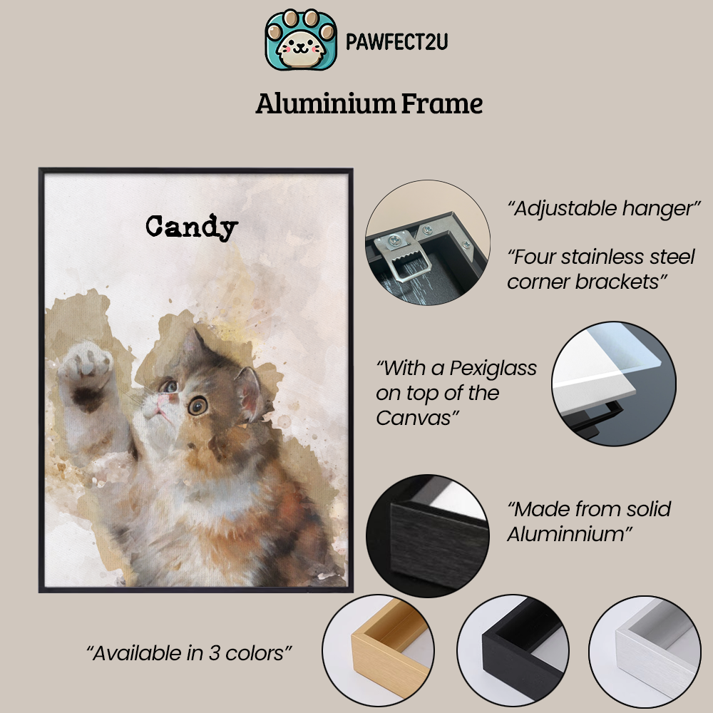 an aluminum-framed pet portrait of a kitten named "Candy." The frame features an adjustable hanger, four stainless steel corner brackets, a protective plexiglass cover, and is made from solid aluminum. It is available in three colors: gold, black, and silver. Close-up shots highlight these features alongside the canvas portrait. The "Pawfect2U" logo is displayed at the top.