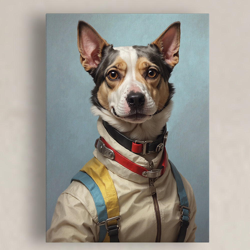  A canvas portrait of a dog in a parachuter suit with yellow and blue harness straps, red collar accents, and metallic clasps, set against a soft sky-blue background. The dog's confident expression adds charm to the artwork.