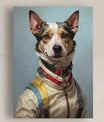  A canvas portrait of a dog in a parachuter suit with yellow and blue harness straps, red collar accents, and metallic clasps, set against a soft sky-blue background. The dog's confident expression adds charm to the artwork.