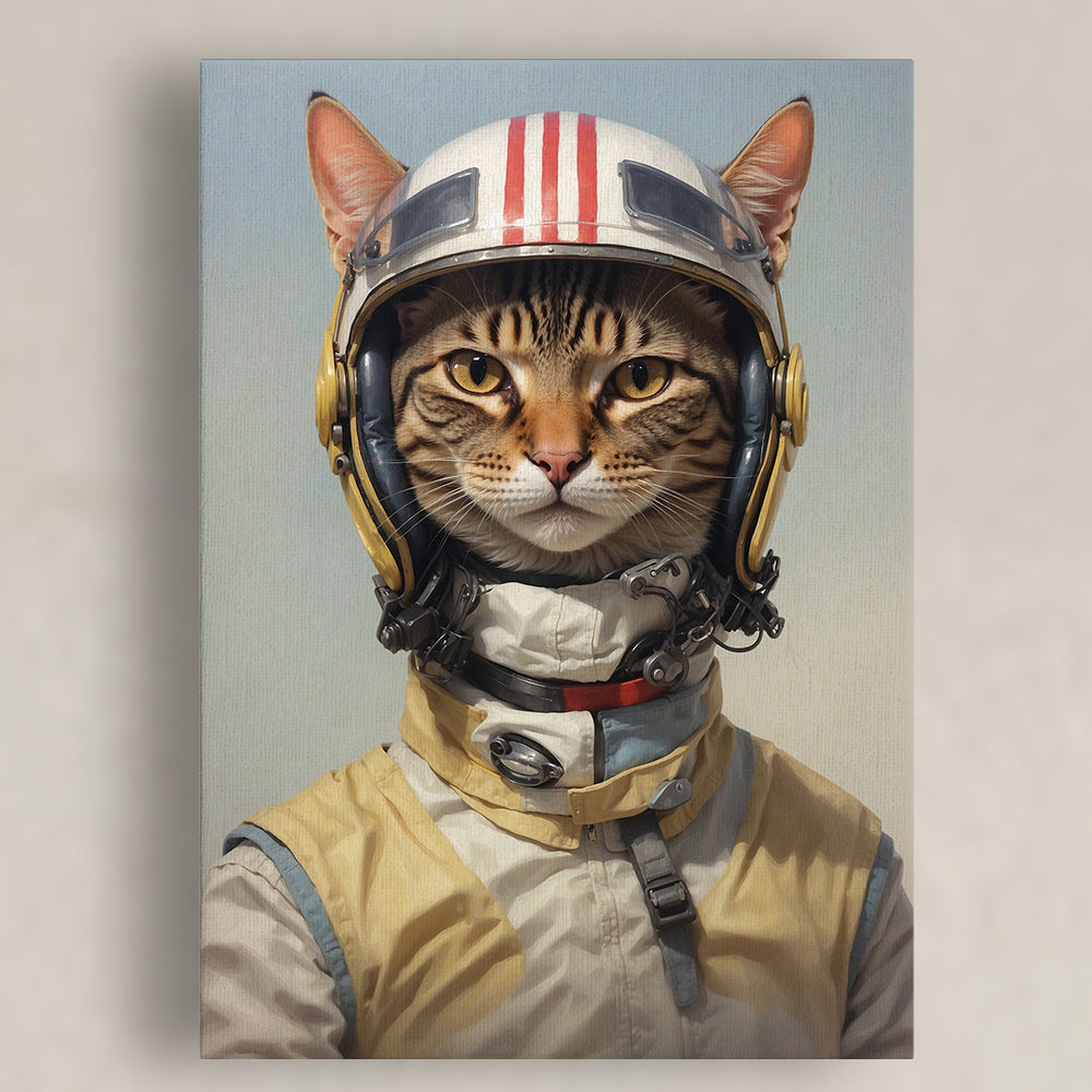 A detailed canvas portrait features a cat depicted as a heroic astronaut. The feline wears a vintage-style spaceflight suit in beige and cream with light blue accents, complete with a high collar, metallic clasps, and intricate harness straps. On its head, the cat dons a white helmet with bold red stripes, yellow communication ear pieces, and intricate wiring details. Its focused golden eyes gaze confidently forward. The soft gradient background of pale blue creates a serene, sky-like backdrop, enhancing th