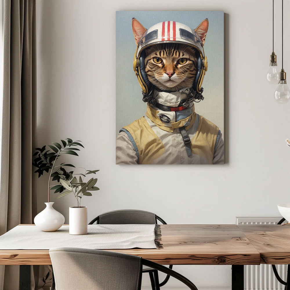 A cat portrait features a cat dressed as an astronaut pilot. The feline wears a detailed spaceflight suit in beige and white, with a high collar, harness straps, and metallic clasps. On its head sits a futuristic white helmet with bold red stripes, a tinted visor, and communication gear on the sides. The cat’s intense golden eyes gaze forward with determination. The soft gradient background blends sky blue and neutral tones, complementing the space theme. Below, a wooden dining table with a whit