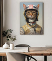 A cat portrait features a cat dressed as an astronaut pilot. The feline wears a detailed spaceflight suit in beige and white, with a high collar, harness straps, and metallic clasps. On its head sits a futuristic white helmet with bold red stripes, a tinted visor, and communication gear on the sides. The cat’s intense golden eyes gaze forward with determination. The soft gradient background blends sky blue and neutral tones, complementing the space theme. Below, a wooden dining table with a whit