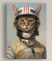 A detailed canvas portrait features a cat depicted as a heroic astronaut. The feline wears a vintage-style spaceflight suit in beige and cream with light blue accents, complete with a high collar, metallic clasps, and intricate harness straps. On its head, the cat dons a white helmet with bold red stripes, yellow communication ear pieces, and intricate wiring details. Its focused golden eyes gaze confidently forward. The soft gradient background of pale blue creates a serene, sky-like backdrop, enhancing th