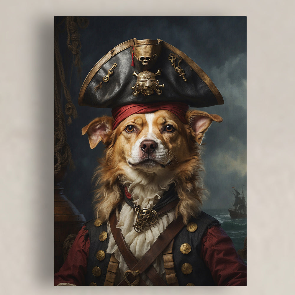 A captivating canvas portrait features a dog portrayed as a noble pirate captain. The dog wears a detailed pirate outfit, including a red coat with gold accents, a white ruffled cravat, and a leather strap across its chest. On its head sits an ornate black tricorn hat decorated with gold detailing and a skull emblem. The background depicts a stormy sky and a faint silhouette of a pirate ship on the ocean, adding a dramatic maritime atmosphere. Below the canvas, a wooden dining table with a white table runne