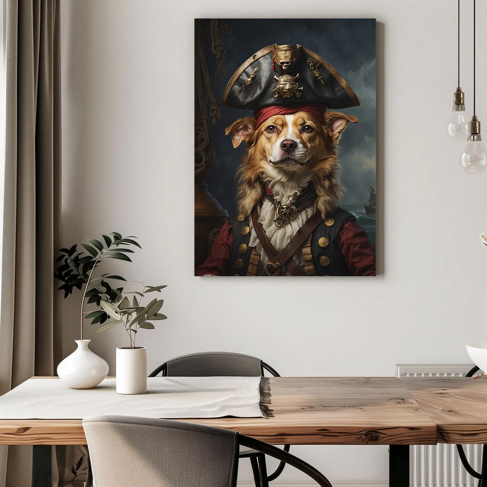 A captivating canvas portrait features a dog portrayed as a noble pirate captain. The dog wears a detailed pirate outfit, including a red coat with gold accents, a white ruffled cravat, and a leather strap across its chest. On its head sits an ornate black tricorn hat decorated with gold detailing and a skull emblem. The background depicts a stormy sky and a faint silhouette of a pirate ship on the ocean, adding a dramatic maritime atmosphere. Below the canvas, a wooden dining table with a white table runne