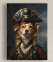 A captivating canvas portrait features a dog portrayed as a noble pirate captain. The dog wears a detailed pirate outfit, including a red coat with gold accents, a white ruffled cravat, and a leather strap across its chest. On its head sits an ornate black tricorn hat decorated with gold detailing and a skull emblem. The background depicts a stormy sky and a faint silhouette of a pirate ship on the ocean, adding a dramatic maritime atmosphere. Below the canvas, a wooden dining table with a white table runne