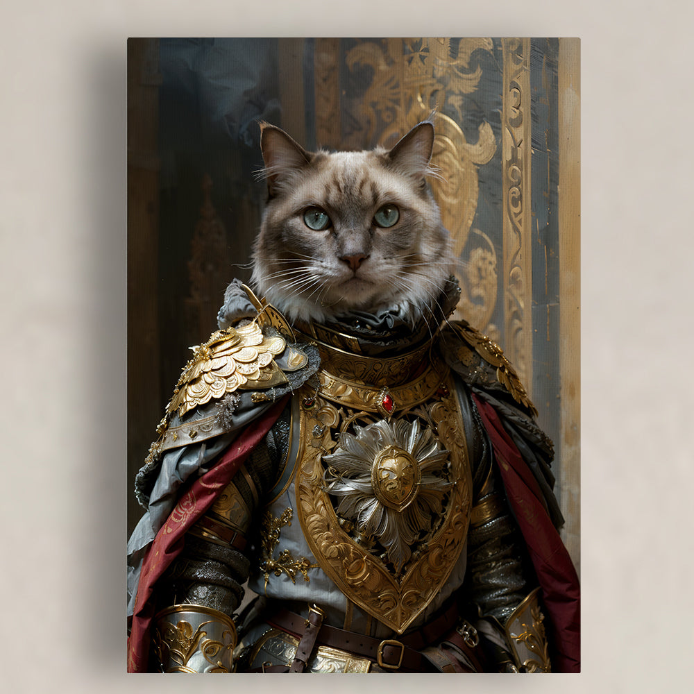 A majestic cat portrait printed on canvas features a regal feline dressed in an ornate suit of golden armor with intricate detailing and a prominent lion emblem on the chest plate. The cat's piercing blue eyes and confident posture complement the royal attire, which includes a rich red cape and layered gold shoulder plates. The background showcases an opulent palace setting with golden patterns and luxurious drapery, enhancing the portrait's grandeur.