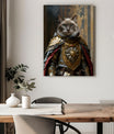 A regal cat portrait hangs on a light gray wall above a wooden dining table. The canvas features a majestic-looking cat dressed in an ornate royal suit of armor adorned with intricate gold detailing, a red cape, and a lion-shaped emblem on the chest plate. The background of the portrait showcases an elegant, gilded palace interior. Below, the dining area includes a wooden table with a white table runner, a potted plant in a vase, and modern chairs, creating a sophisticated yet cozy setting.