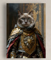 A majestic cat portrait printed on canvas features a regal feline dressed in an ornate suit of golden armor with intricate detailing and a prominent lion emblem on the chest plate. The cat's piercing blue eyes and confident posture complement the royal attire, which includes a rich red cape and layered gold shoulder plates. The background showcases an opulent palace setting with golden patterns and luxurious drapery, enhancing the portrait's grandeur.