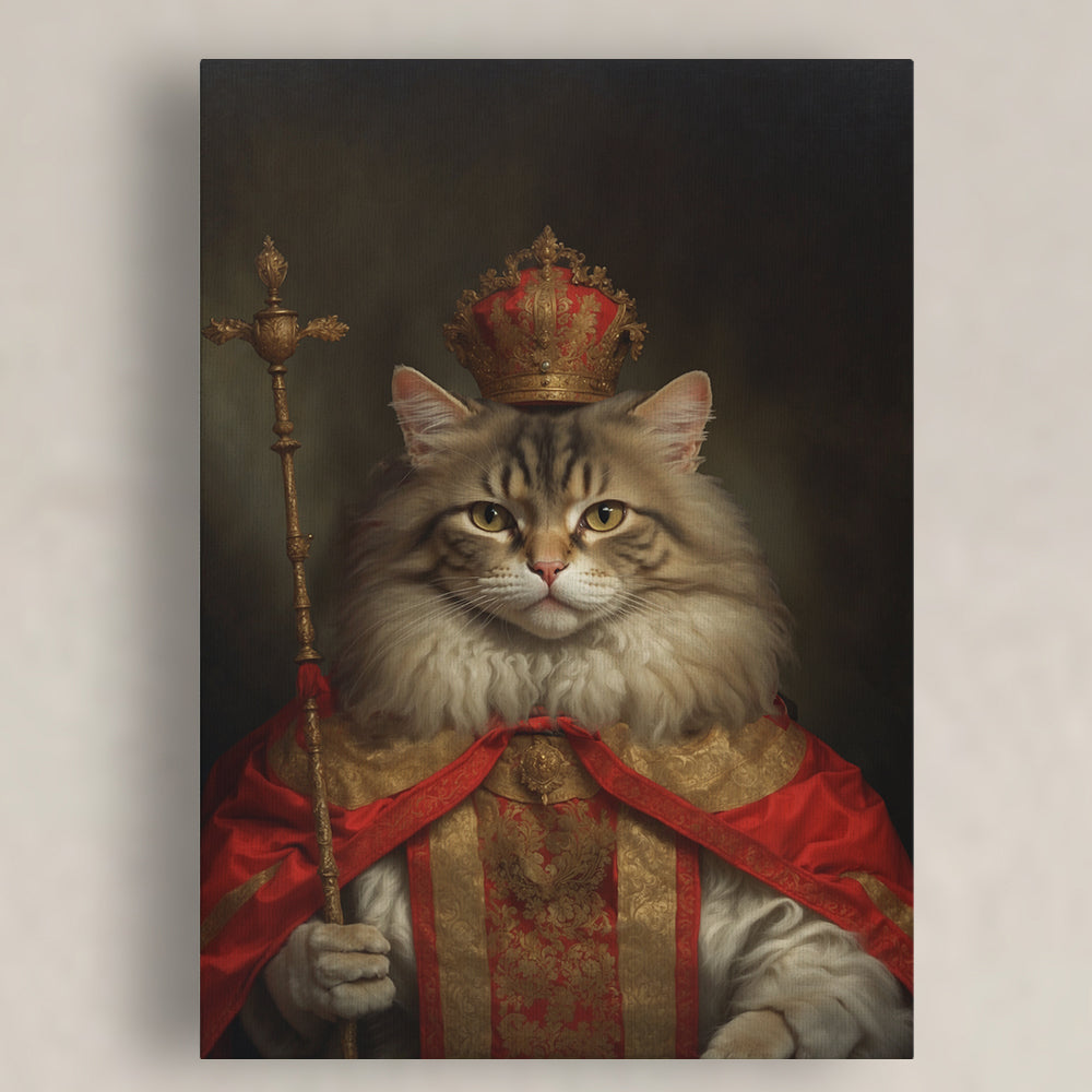 A regal canvas portrait features a majestic cat dressed as a royal king. The cat wears an ornate golden robe with intricate patterns and a flowing red cape draped over its shoulders. A grand golden crown with red velvet detailing and delicate embellishments rests atop its head. In one paw, the cat firmly holds an elegant golden scepter topped with a decorative cross. Its piercing golden eyes and confident expression exude authority and nobility. The dark, softly lit background adds depth and grandeur to the