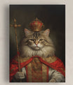 A regal canvas portrait features a majestic cat dressed as a royal king. The cat wears an ornate golden robe with intricate patterns and a flowing red cape draped over its shoulders. A grand golden crown with red velvet detailing and delicate embellishments rests atop its head. In one paw, the cat firmly holds an elegant golden scepter topped with a decorative cross. Its piercing golden eyes and confident expression exude authority and nobility. The dark, softly lit background adds depth and grandeur to the