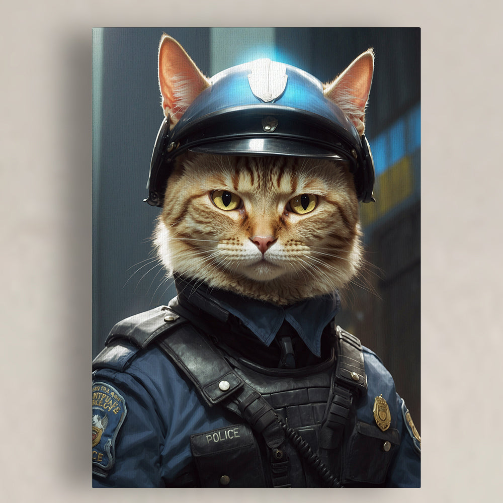 A detailed canvas portrait features a stern-looking cat dressed as a SWAT police officer. The feline wears a navy-blue police uniform with a tactical vest labeled "POLICE," adorned with a badge and communication equipment. Its head is topped with a shiny police helmet featuring a silver emblem. The cat's intense yellow eyes and serious expression convey authority and focus. The background shows an urban setting with dim lighting and blurred building details, enhancing the portrait's commanding presence.