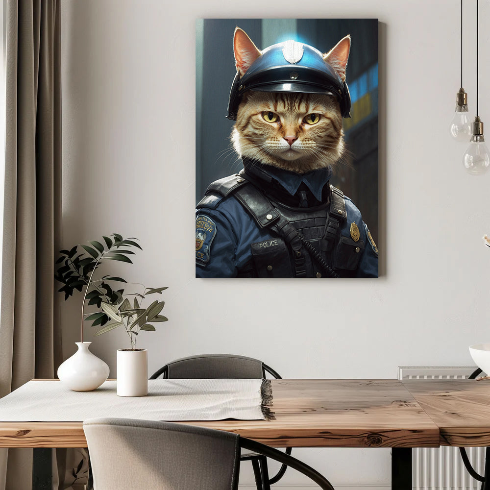 A striking canvas portrait features a cat dressed as a SWAT police officer. The feline wears a detailed police uniform, complete with a bulletproof vest, a navy-blue shirt, and a helmet with a police badge emblem. The cat's serious expression and sharp gaze exude authority and confidence. The background shows a dimly lit urban setting, enhancing the intense and professional theme of the artwork. The portrait hangs above a modern wooden dining table, decorated with a white table runner, potted plants, and sl