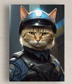 A detailed canvas portrait features a stern-looking cat dressed as a SWAT police officer. The feline wears a navy-blue police uniform with a tactical vest labeled 