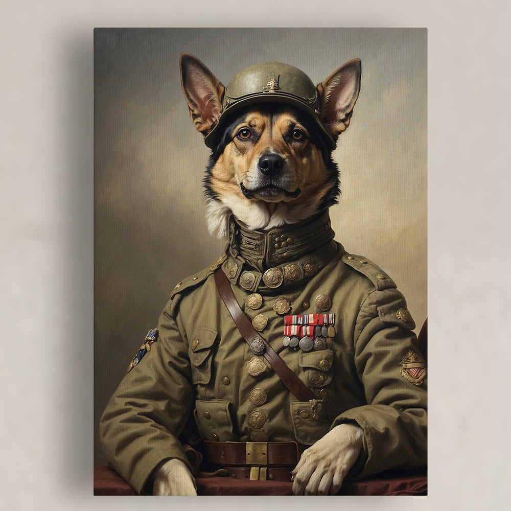 A regal canvas portrait features a dog depicted as a high-ranking military officer. The dog wears an olive-green soldier's uniform, decorated with intricate brass buttons, medals, and ribbons, and is completed with a leather belt and cross-shoulder strap. A sturdy military helmet sits atop the dog's head, and its focused gaze and upright ears convey strength, leadership, and dignity. The background is softly shaded with warm, neutral tones, enhancing the timeless and honorable aesthetic of the artwork.