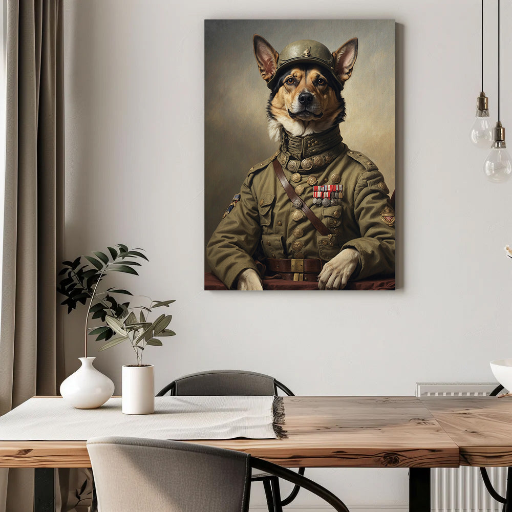 A distinguished canvas portrait features a dog portrayed as a noble soldier. The canine wears an olive-green military uniform adorned with medals, badges, and intricate brass buttons, along with a leather belt and cross-shoulder strap. A sturdy military helmet sits atop its head, and its upright ears and proud expression exude bravery and authority. The background has a soft, muted gradient, adding a timeless and honorable atmosphere to the artwork.