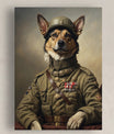 A regal canvas portrait features a dog depicted as a high-ranking military officer. The dog wears an olive-green soldier's uniform, decorated with intricate brass buttons, medals, and ribbons, and is completed with a leather belt and cross-shoulder strap. A sturdy military helmet sits atop the dog's head, and its focused gaze and upright ears convey strength, leadership, and dignity. The background is softly shaded with warm, neutral tones, enhancing the timeless and honorable aesthetic of the artwork.