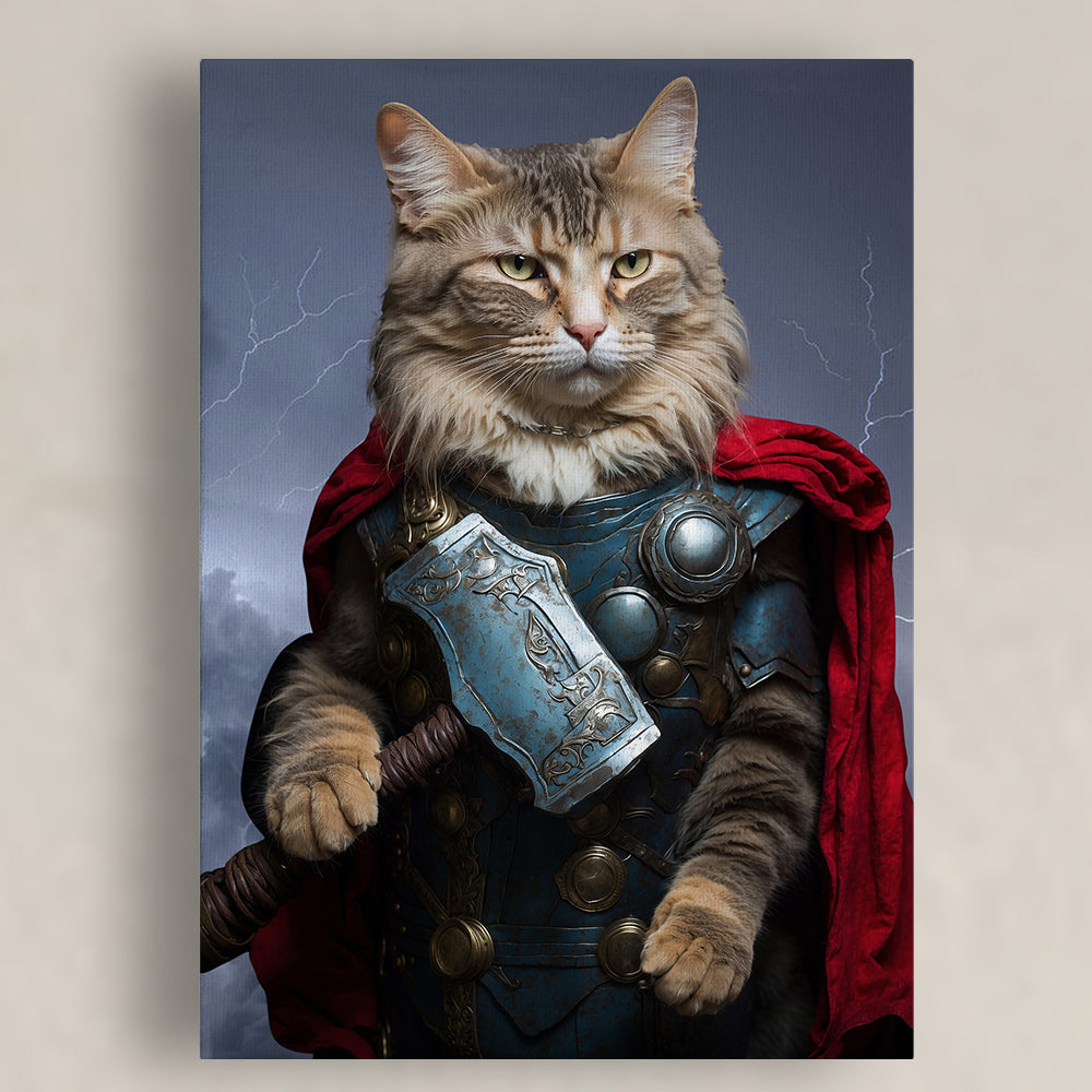 A regal cat is depicted as Thor, the God of Thunder, in an epic artistic cat painting. The feline wears detailed Asgardian-style blue armor adorned with metallic discs and a flowing red cape draped over its shoulders. In one paw, the cat confidently grips a large, intricately engraved hammer resembling Mjölnir. The stormy background is filled with lightning, enhancing the powerful and heroic atmosphere of the portrait. The cat's intense gaze and noble stance make it a striking and majestic representation of