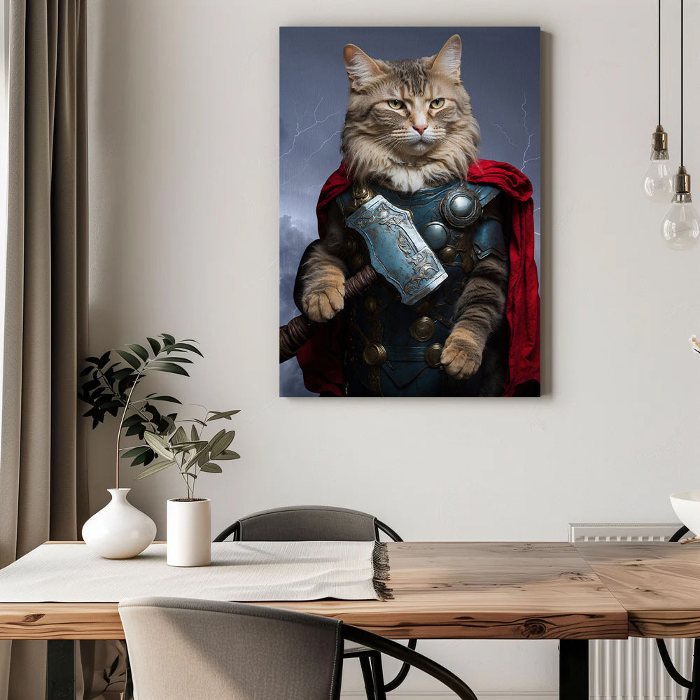 A majestic cat is portrayed as Thor, the God of Thunder, in an epic cat painting. The feline wears detailed Asgardian-style blue armor adorned with metallic discs and a flowing red cape draped over its shoulders. The cat confidently holds a large, intricately engraved hammer resembling Mjölnir, with lightning crackling in the stormy background. The cat's intense gaze and powerful stance embody strength and heroism, making the artwork a striking display piece.