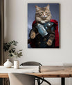 A majestic cat is portrayed as Thor, the God of Thunder, in an epic cat painting. The feline wears detailed Asgardian-style blue armor adorned with metallic discs and a flowing red cape draped over its shoulders. The cat confidently holds a large, intricately engraved hammer resembling Mjölnir, with lightning crackling in the stormy background. The cat's intense gaze and powerful stance embody strength and heroism, making the artwork a striking display piece.