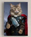 A regal cat is depicted as Thor, the God of Thunder, in an epic artistic cat painting. The feline wears detailed Asgardian-style blue armor adorned with metallic discs and a flowing red cape draped over its shoulders. In one paw, the cat confidently grips a large, intricately engraved hammer resembling Mjölnir. The stormy background is filled with lightning, enhancing the powerful and heroic atmosphere of the portrait. The cat's intense gaze and noble stance make it a striking and majestic representation of