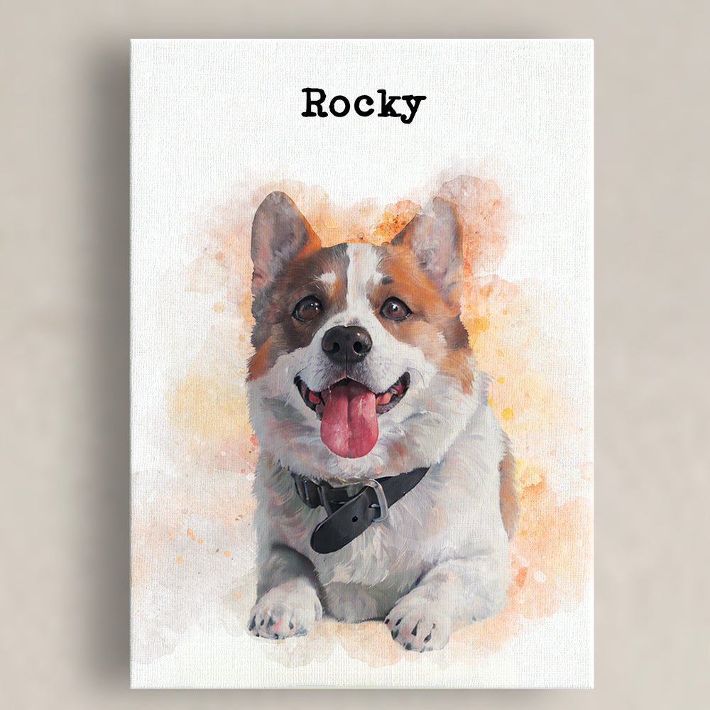 A close-up of a watercolor dog canvas print featuring a happy dog named "Rocky." The dog, with a mix of white, brown, and tan fur, has an open-mouthed smile and bright eyes. It wears a black collar, and the background consists of warm orange watercolor splashes. The name "Rocky" is displayed in bold black font at the top of the canvas, set against a textured white background.