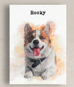 A close-up of a watercolor dog canvas print featuring a happy dog named 